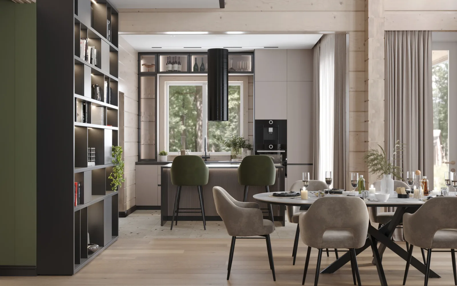Кухня-гостиная 52,5 м² с обеденной зоной и встроенными стеллажами